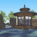 Chinese Style Outdoor Courtyard With Glass Doors Stone Wall Bird Decorations And Wooden Furniture