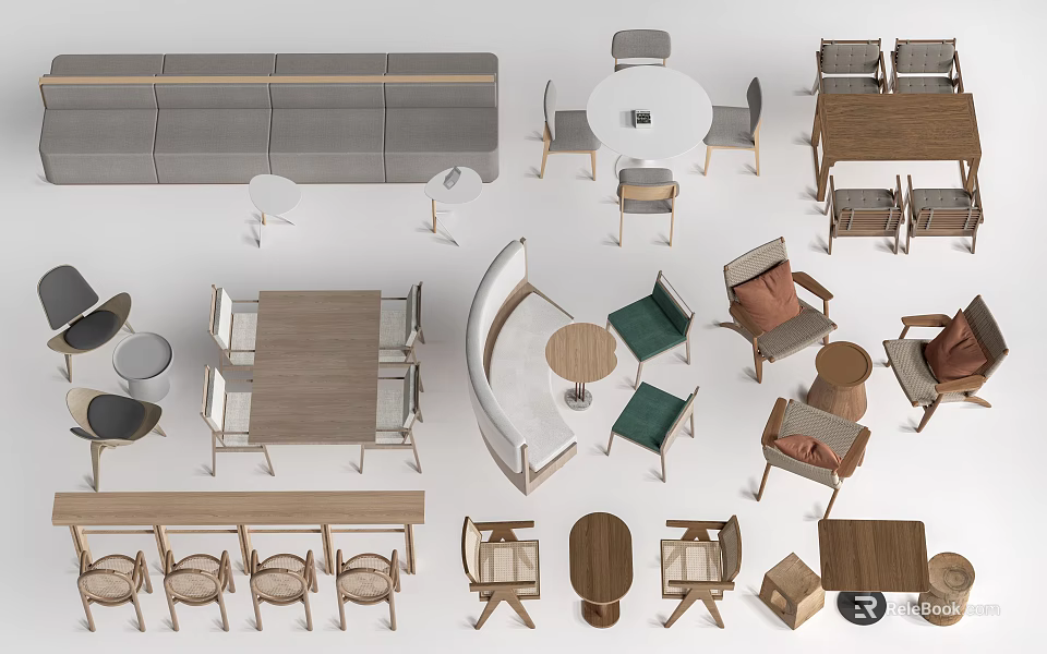 Modern Wooden Table And Chair Sets With Various Designs And Backrest Chairs 3d model 