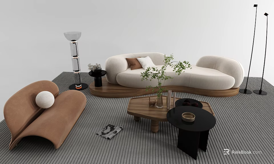 Modern Curved Sofa And Coffee Table Set With Wooden Tables Green Plants And Decorative Rug 3d model 