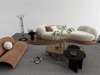 Modern Curved Sofa And Coffee Table Set With Wooden Tables Green Plants And Decorative Rug 3d model