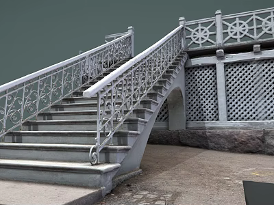 Decorative Stone Staircase With Ornate Metal Railings And Lattice Wall Design 3d model
