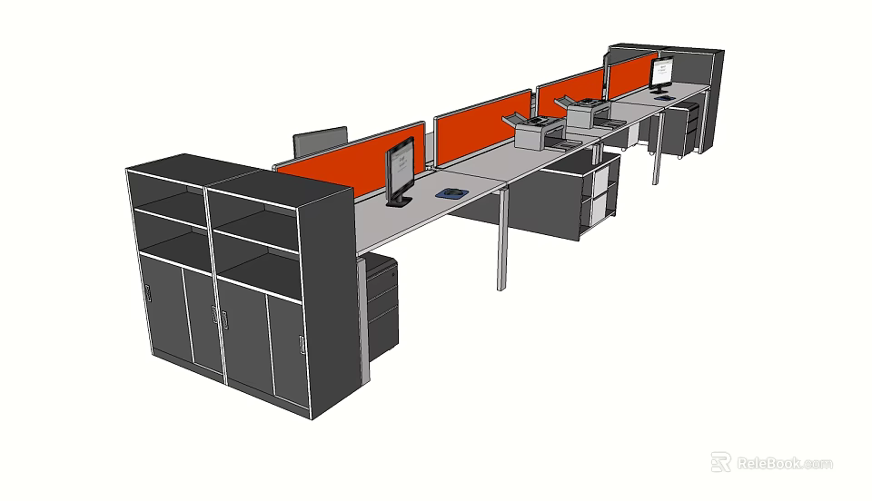 Modern Office Workstation Desk Setup With Orange Partitions Computer Monitors And Storage Cabinets 3d model