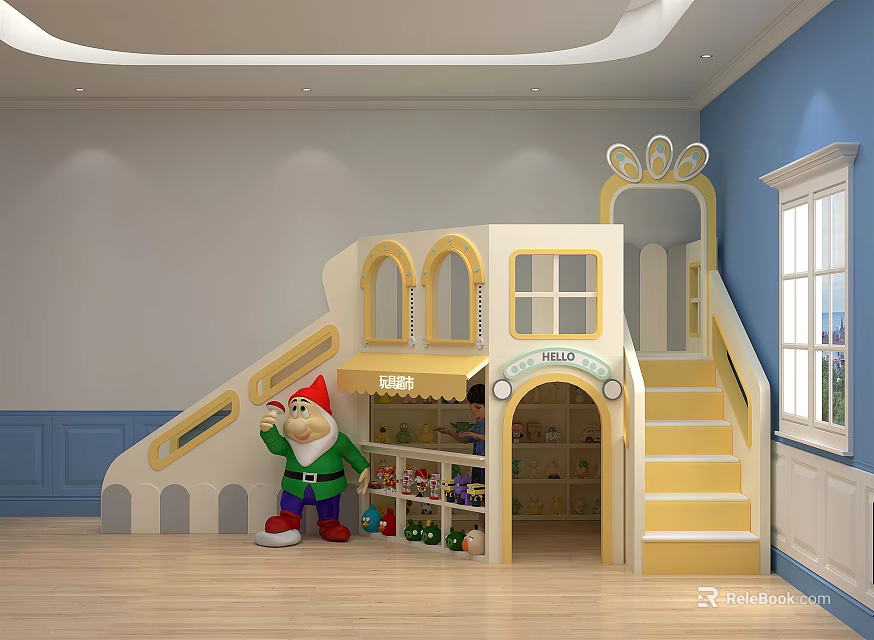 Indoor Castle Shaped Play Equipment With Yellow Stairs Toy Shelves And Cartoon Doll 3d model 