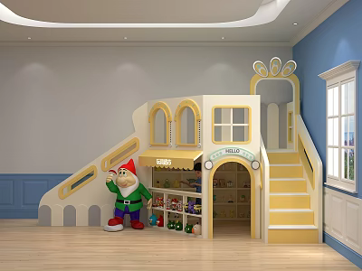 Indoor Castle Shaped Play Equipment With Yellow Stairs Toy Shelves And Cartoon Doll 3d model