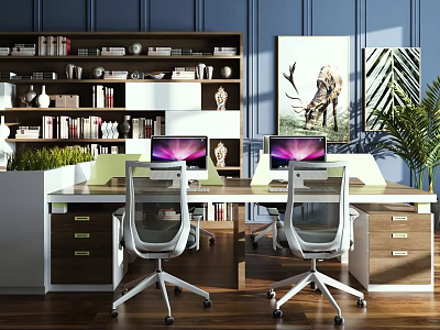 Modern Office Desk With Dual Workstations Bookshelf Green Plants Computers And Decorative Paintings 3d model