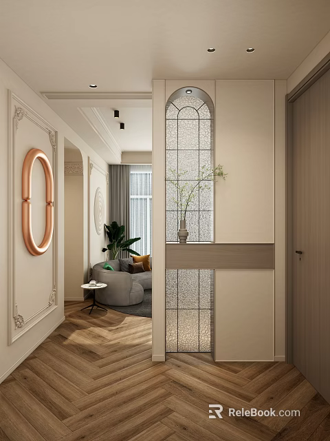Elegant Modern Bathroom Interior With Round Mirror Marble Walls And Green Plants 3d model 