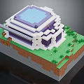 Pixelated Minecraft Style Building With Blue Rooftop Green Grass Gray Pathway And Stone Base 3d model