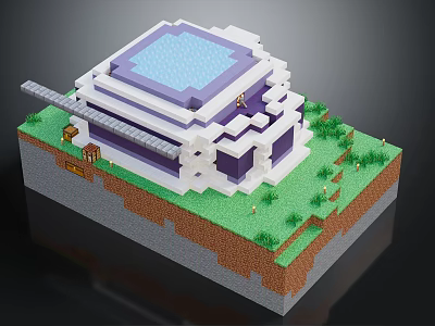 Pixelated Minecraft Style Building With Blue Rooftop Green Grass Gray Pathway And Stone Base 3d model