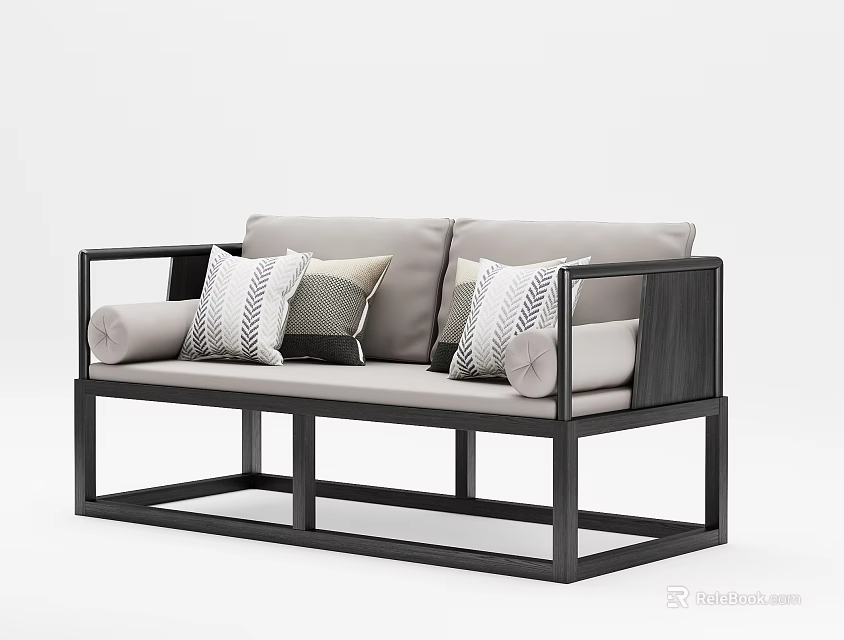 Modern Two Seater Sofa with Black Frame Light Gray Cushions and Patterned Pillows 3d model
