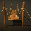Rustic Suspension Bridge Structure With Wooden Posts Ropes And Plank Deck