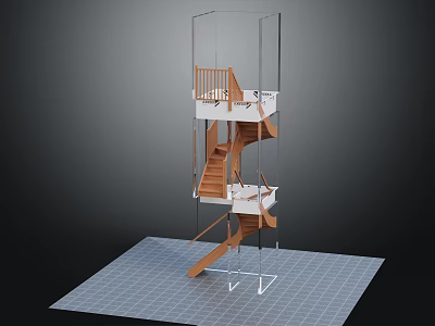 Layered Staircase Structure With Transparent Glass Railings Wooden Steps And Grid Platform Base 3d model