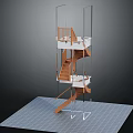 Layered Staircase Structure With Transparent Glass Railings Wooden Steps And Grid Platform Base
