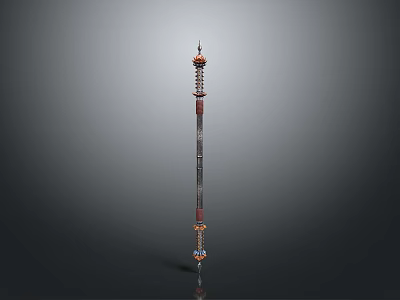 Decorative Polearm Weapon With Multi Tiered Structure And Red Black Gold Accents 3d model