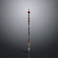 Decorative Polearm Weapon With Multi Tiered Structure And Red Black Gold Accents
