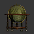 Vintage Decorative Globe Ornament Set With Wooden Base Metal Ring Green Surface And Wheels