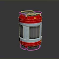 Red Cylindrical Metal Object With Rings Mesh And Stand In Natural Scenery View