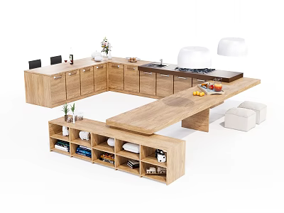 Modern Wooden Dining Table Set With Open Shelves Countertop Decorative Plants And Stools 3d model