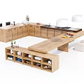 Modern Wooden Dining Table Set With Open Shelves Countertop Decorative Plants And Stools