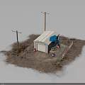 Small Outdoor Shed With White Roof And Telephone Poles Near Buckets On Dirt Ground