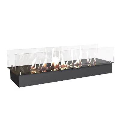 Modern Fireplace with Transparent Glass Panels and Burning Flames in Black Base Design 3d model
