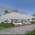 Modern Parking Canopy Covering Multiple Cars in Parking Lot With Green Surroundings