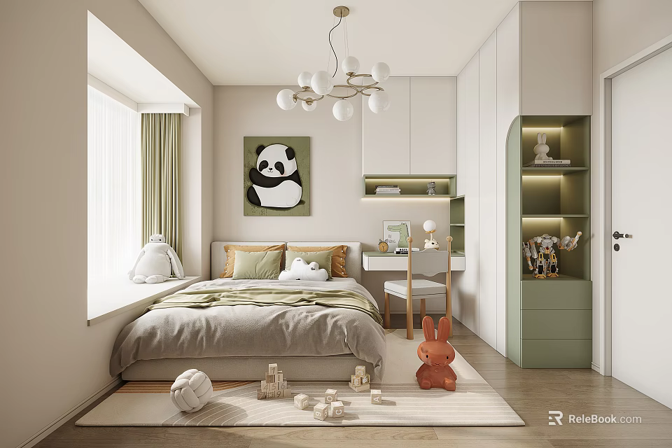 Modern Bedroom Interior With Bed And Panda Wall Art Hanging Pendant Light Green Curtains 3d model 
