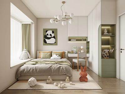 Modern Bedroom Interior With Bed And Panda Wall Art Hanging Pendant Light Green Curtains 3d model