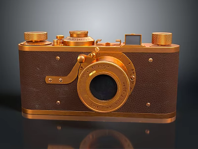Vintage Classic Camera With Gold Metal Knobs Leather Body And Round Lens 3d model