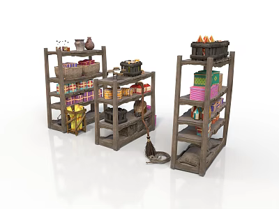 Multiple Wooden Storage Shelves with Baskets Cans and Colorful Boxes for Home 3d model
