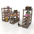 Multiple Wooden Storage Shelves with Baskets Cans and Colorful Boxes for Home
