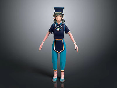 3D Modeled Woman Wearing Blue Top Blue Pants Hat Necklace Bracelets And Blue Shoes 3d model