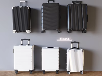 Six Black And White Suitcases With Different Textures And Rolling Wheels 3d model
