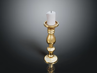 Shiny Elegant Golden Candlestick Holding White Candle On Black Surface 3d model