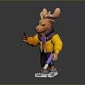 Cartoon Moose Character In Yellow Jacket And Purple Shirt Holding Phone And Colorful Drink