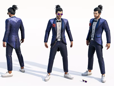 Game and Movie Character in Blue Sequined Suit Topknot Purple Sunglasses Red Boutonniere White Shoes 3d model