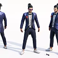 Game and Movie Character in Blue Sequined Suit Topknot Purple Sunglasses Red Boutonniere White Shoes
