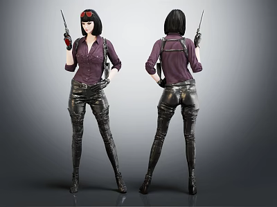 3D Female Characters In Purple Tops Black Leather Pants Holding Guns Front Back Views 3d model
