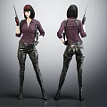 3D Female Characters In Purple Tops Black Leather Pants Holding Guns Front Back Views