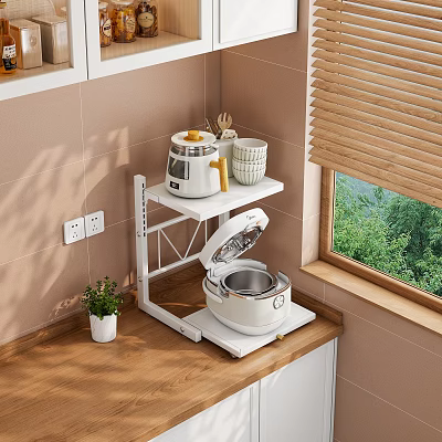 Kitchen Corner Shelf Featuring Rice Cooker Cups Potted Plant Near Window Wooden Blinds Green View 3d model