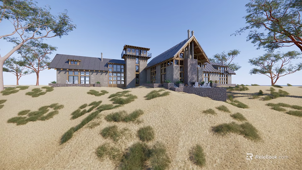 Modern Detached Villa Design With Sloped Roof Green Grass And Tall Trees 3d model 
