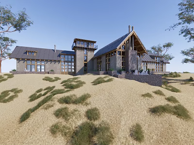Modern Detached Villa Design With Sloped Roof Green Grass And Tall Trees 3d model