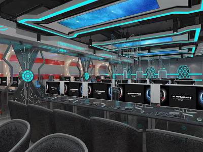 Modern Internet Cafe Interior With Futuristic Blue Lighting High Tech Gaming Computers And Comfortable Seating 3d model