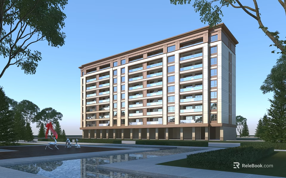 Modern Multistory School Building With Large Windows Green Landscaping And Front Pool 3d model 