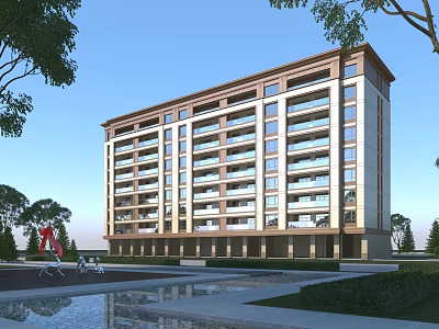 Modern Multistory School Building With Large Windows Green Landscaping And Front Pool 3d model