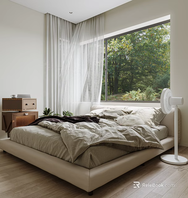 Double Bed With Neutral Bedding By Large Window Featuring White Curtains And Green Trees View 3d model 