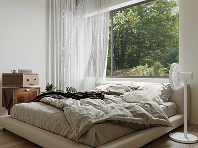 Double Bed With Neutral Bedding By Large Window Featuring White Curtains And Green Trees View 3d model