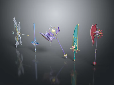 Various Designed Weapons Including Swords Staffs Axes Bows With Colorful Decorations And Glowing Elements 3d model