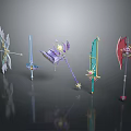 Various Designed Weapons Including Swords Staffs Axes Bows With Colorful Decorations And Glowing Elements
