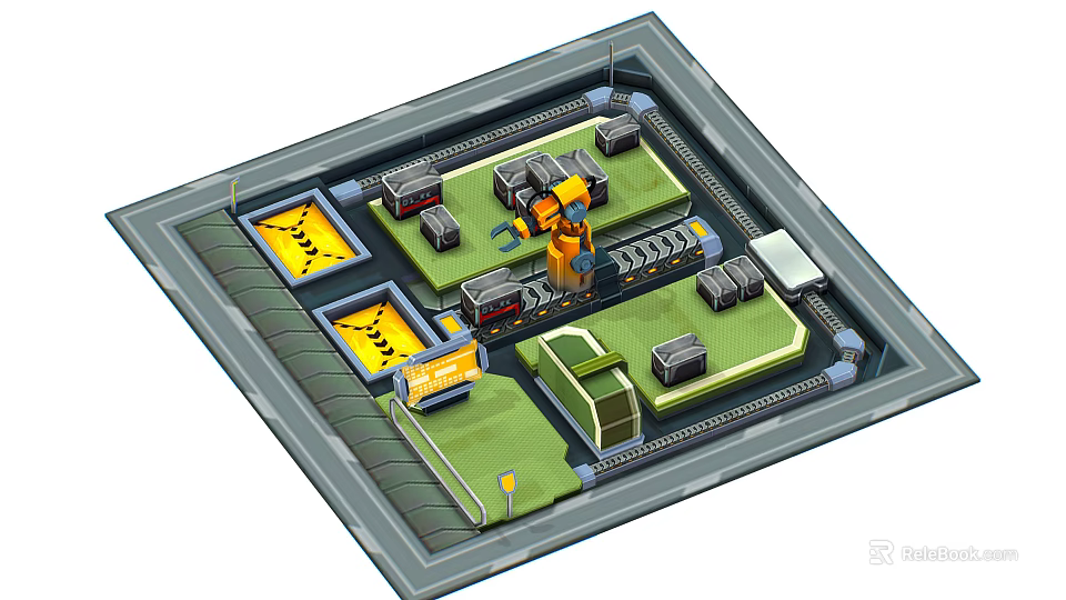 Cartoon Style Factory Scene Layout With Robot Arm Green Areas And Yellow Markers 3d model 
