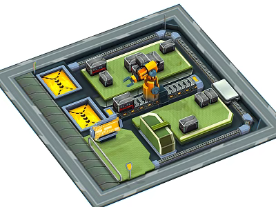 Cartoon Style Factory Scene Layout With Robot Arm Green Areas And Yellow Markers 3d model